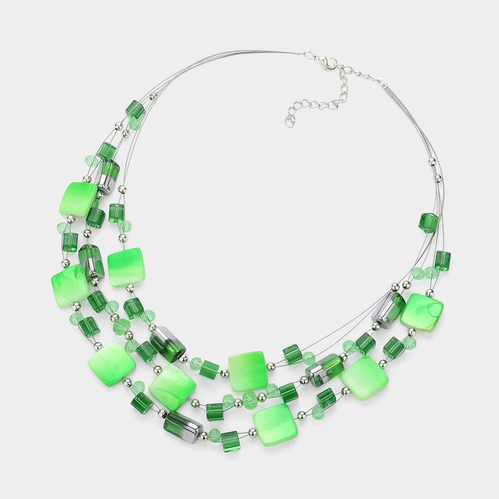 Green Marbled Square Bead Accented Triple Layered Bib Necklace - Jewelry Store by Erik Rayo