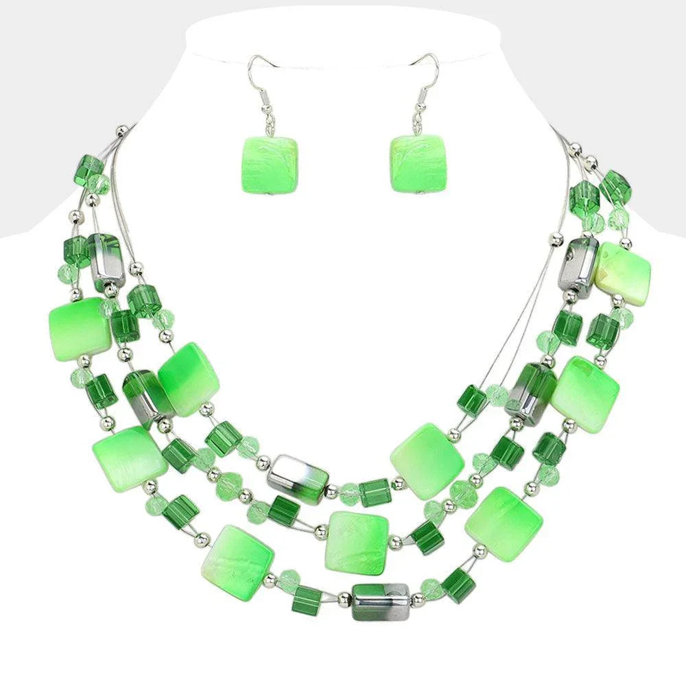 Green Marbled Square Bead Accented Triple Layered Bib Necklace - Jewelry Store by Erik Rayo