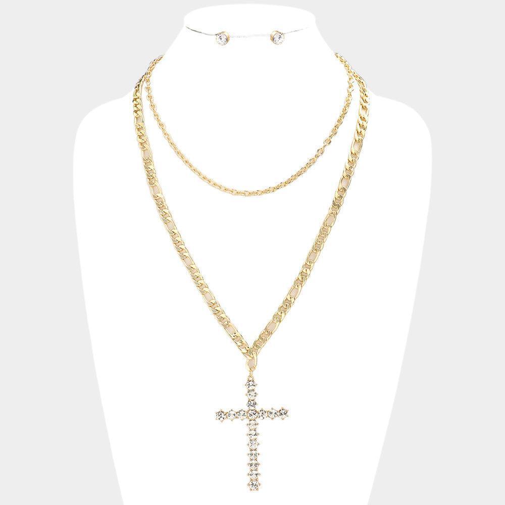 Gold 2 Piece Stone Embellished Metal Cross Pendant Necklaces - Jewelry Store by Erik Rayo