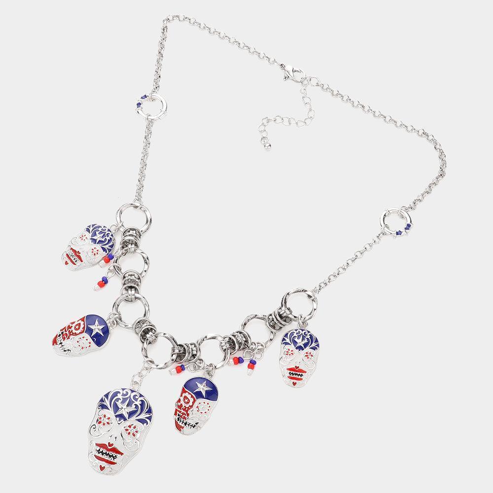 American USA Flag Day of the Dead Skull Charm Link Necklace - Jewelry Store by Erik Rayo