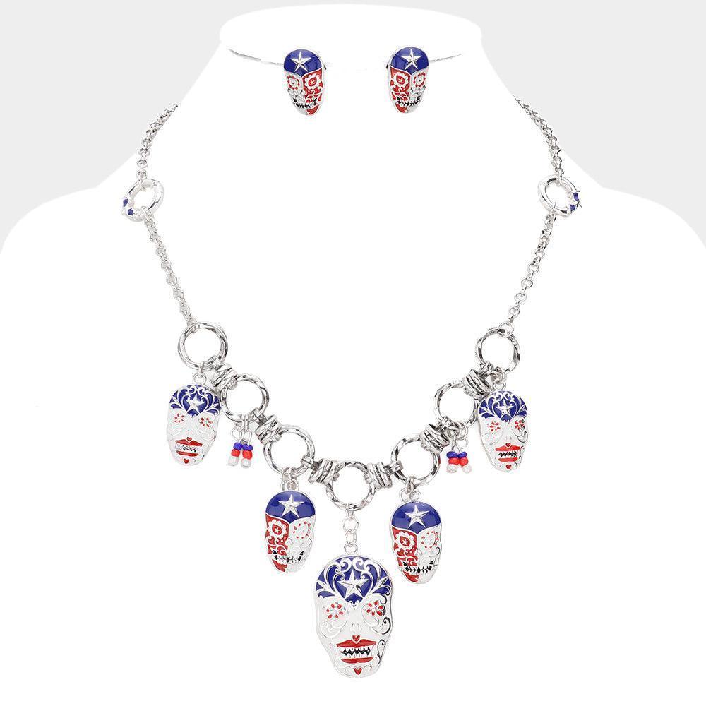 American USA Flag Day of the Dead Skull Charm Link Necklace - Jewelry Store by Erik Rayo