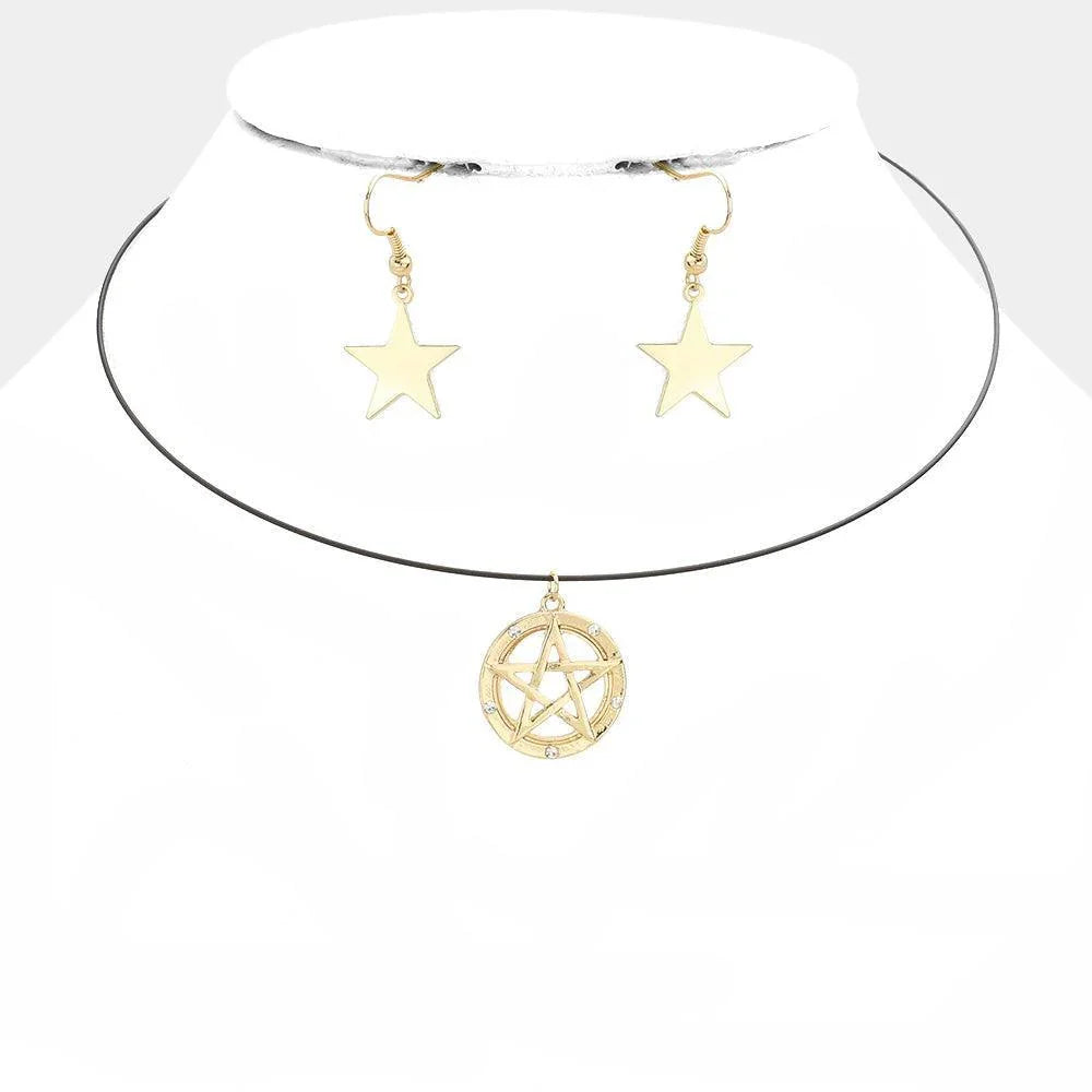 Gold Crystal detail star pendant wire choker necklace - Jewelry Store by Erik Rayo