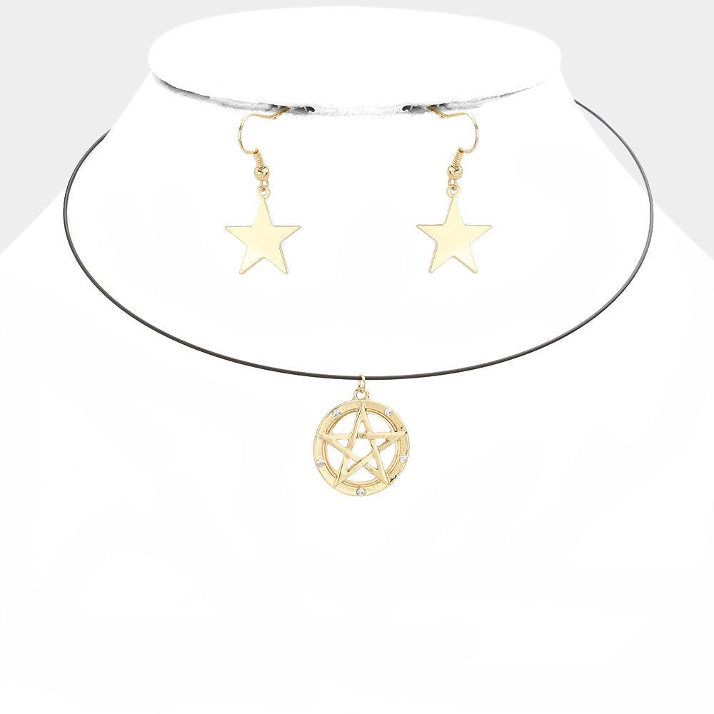 Gold Crystal detail star pendant wire choker necklace