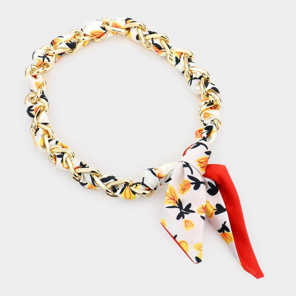 Yellow Open Metal Oval Link Flower Patterned Fabric Necklace - Jewelry Store by Erik Rayo