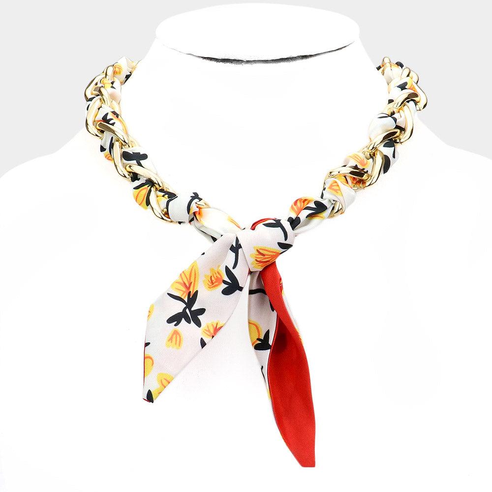 Yellow Open Metal Oval Link Flower Patterned Fabric Necklace