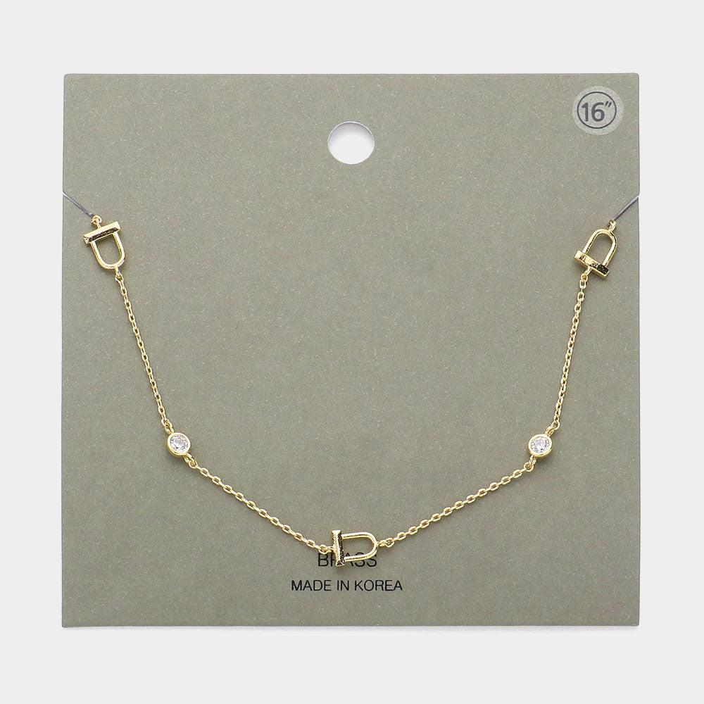 Gold Stone Bezel Horseshoe Station Necklace