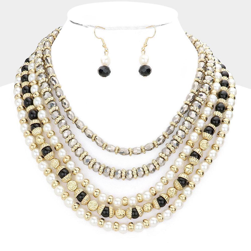 Gold Pearl Beaded Multi Layered Bib Necklace - Jewelry Store by Erik Rayo