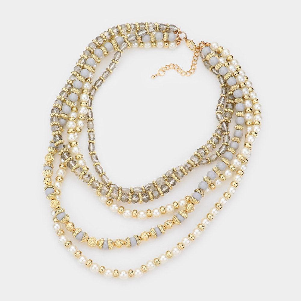 Gray Pearl Beaded Multi Layered Bib Necklace - Jewelry Store by Erik Rayo