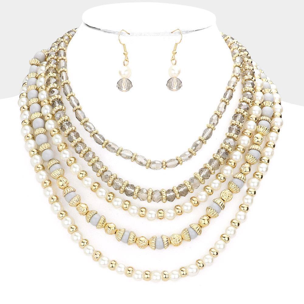 Gray Pearl Beaded Multi Layered Bib Necklace - Jewelry Store by Erik Rayo