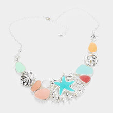 Load image into Gallery viewer, Silver Sea Glass Sea Life Theme Starfish Shell Statement Necklace
