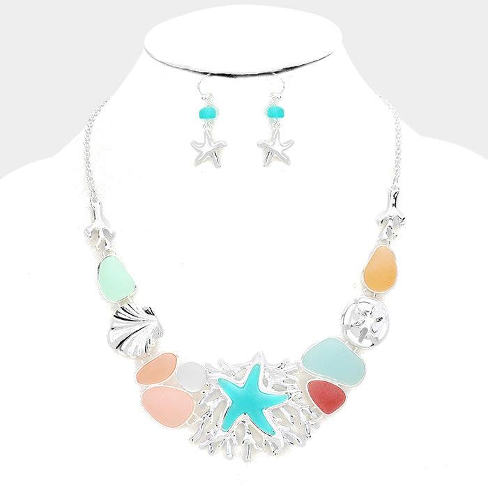 Silver Sea Glass Sea Life Theme Starfish Shell Statement Necklace