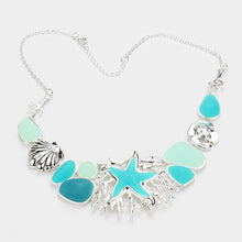 Load image into Gallery viewer, Silver Sea Glass Sea Life Theme Starfish Shell Statement Necklace
