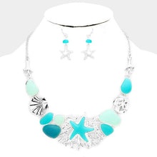 Load image into Gallery viewer, Silver Sea Glass Sea Life Theme Starfish Shell Statement Necklace
