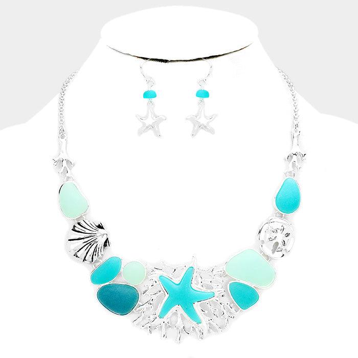 Silver Sea Glass Sea Life Theme Starfish Shell Statement Necklace