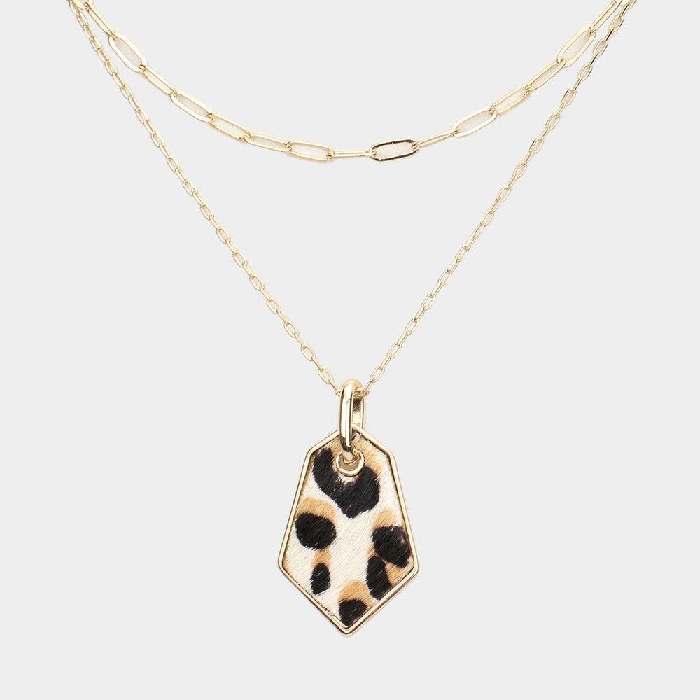 Leopard Patterned Genuine Leather Angled Pendant Double Layered Necklace - Jewelry Store by Erik Rayo