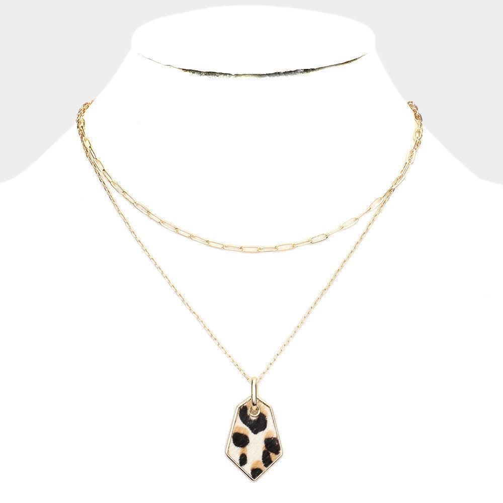 Leopard Patterned Genuine Leather Angled Pendant Double Layered Necklace - Jewelry Store by Erik Rayo