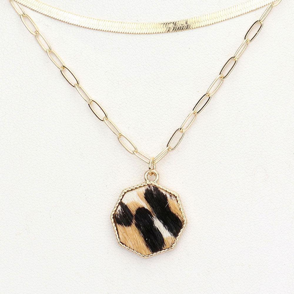 Leopard Patterned Genuine Leather Octagon Pendant Double Layered Necklace - Jewelry Store by Erik Rayo