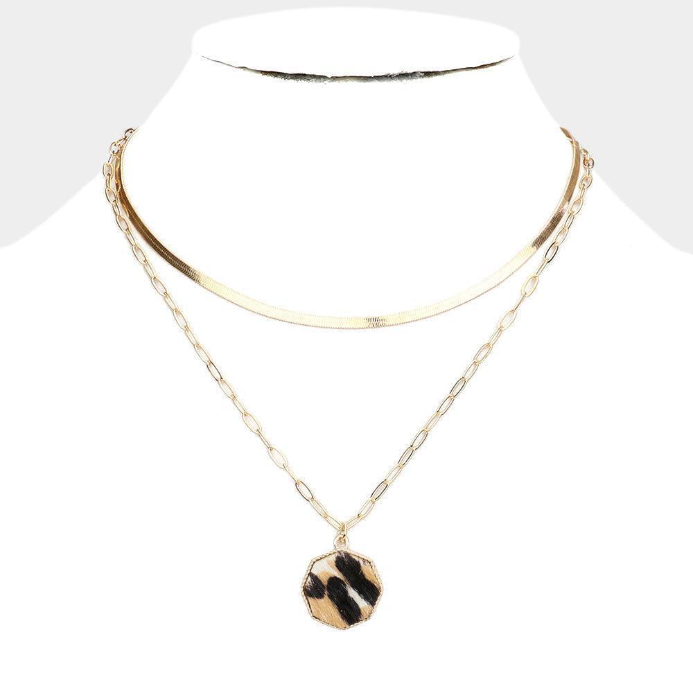 Leopard Patterned Genuine Leather Octagon Pendant Double Layered Necklace - Jewelry Store by Erik Rayo