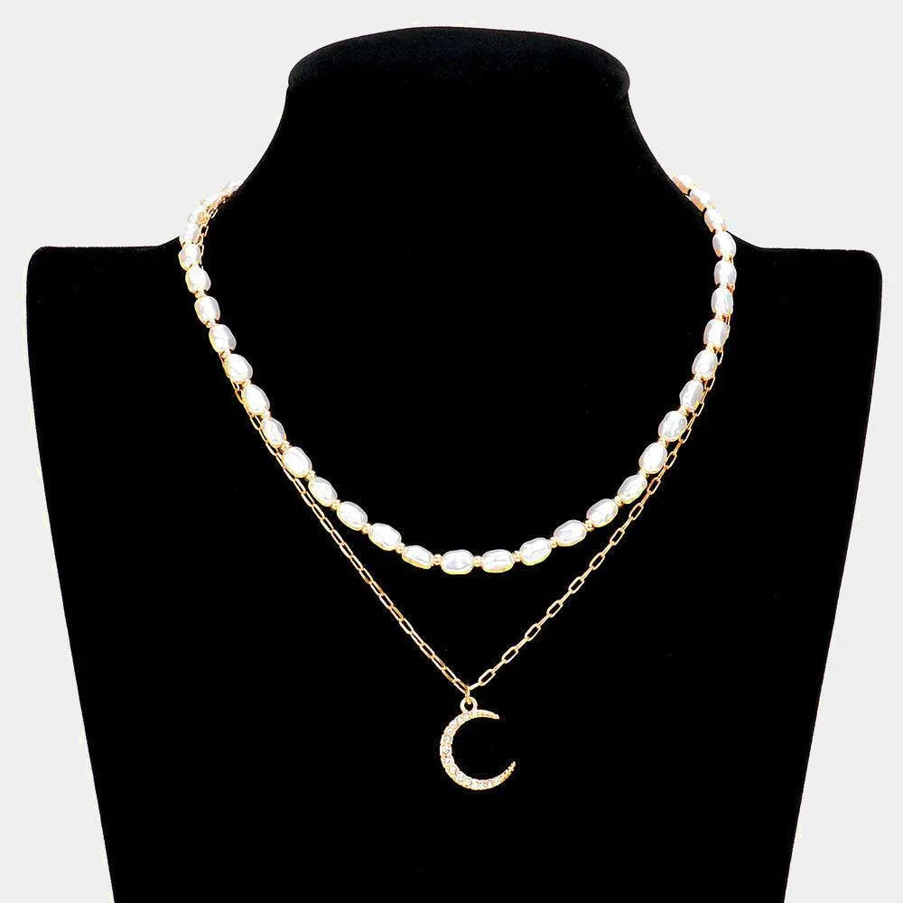 Gold Rhinestone Embellished Crescent Moon Pendant Freshwater Pearl Layered Necklace - Jewelry Store by Erik Rayo