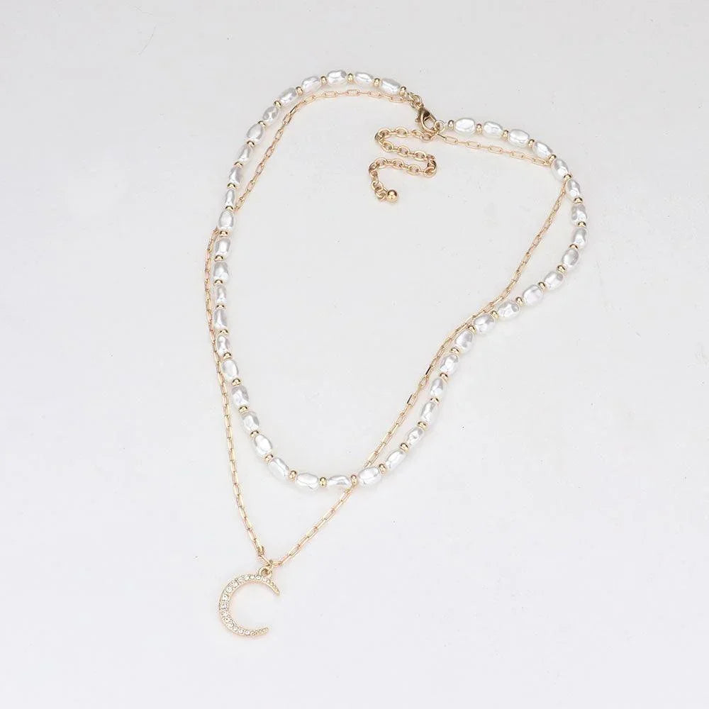 Gold Rhinestone Embellished Crescent Moon Pendant Freshwater Pearl Layered Necklace - Jewelry Store by Erik Rayo