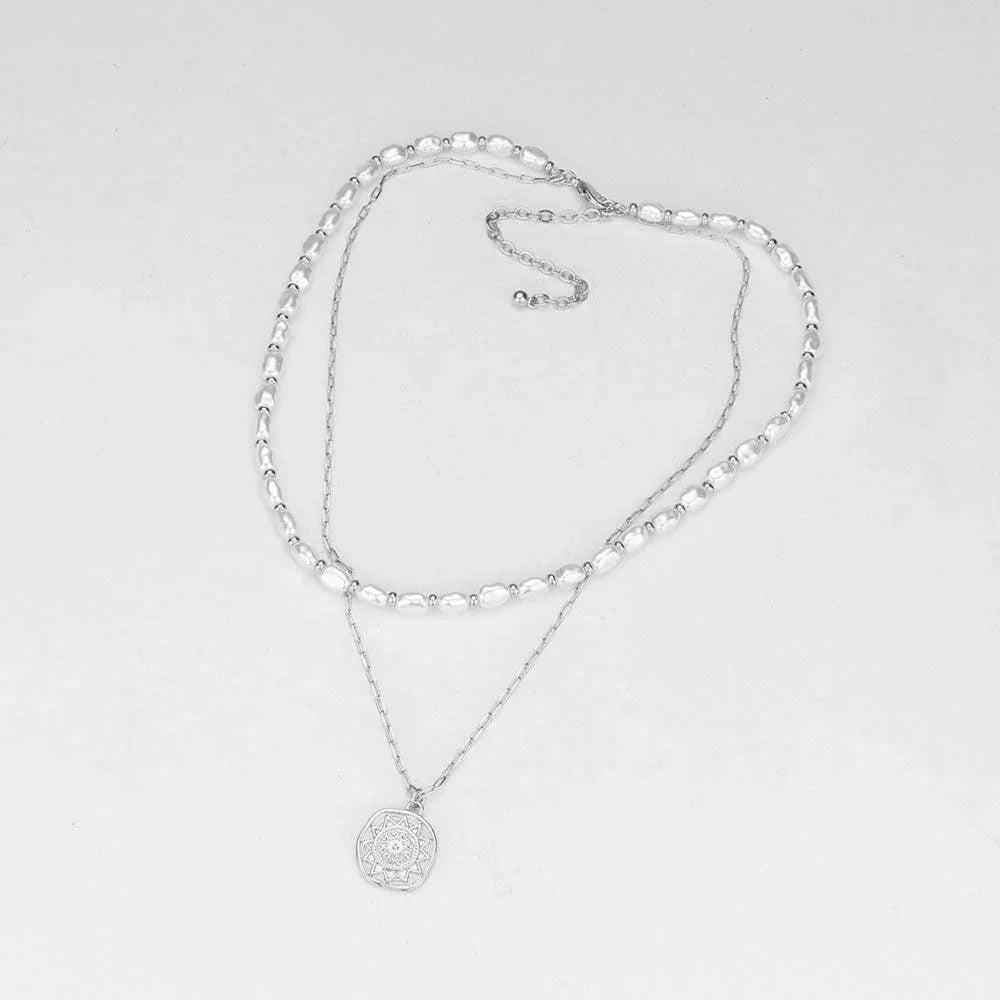 Metal Sun Pendant Freshwater Pearl Layered Necklace - Jewelry Store by Erik Rayo