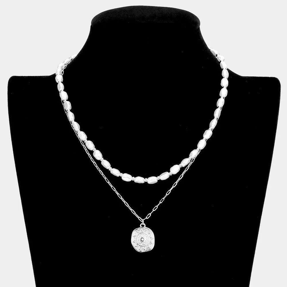 Metal Sun Pendant Freshwater Pearl Layered Necklace - Jewelry Store by Erik Rayo
