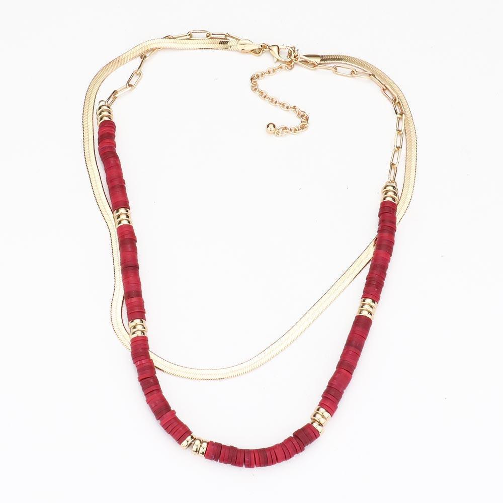 Burgundy Metal Chain Heishi Beaded Double Layered Necklace - Jewelry Store by Erik Rayo