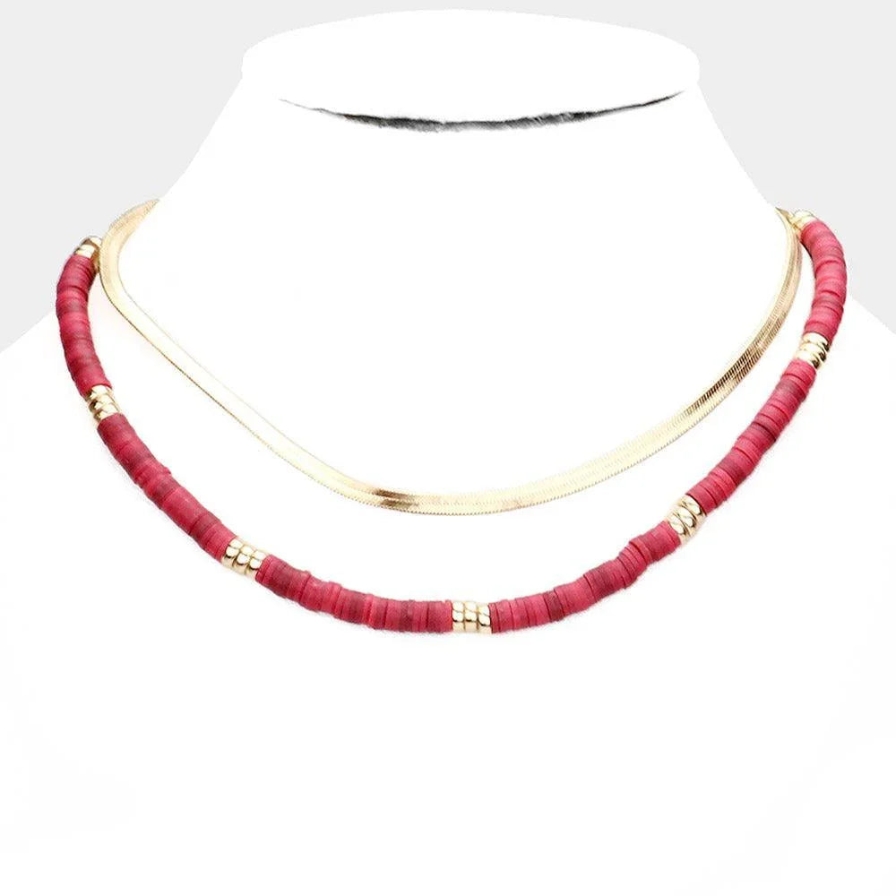 Burgundy Metal Chain Heishi Beaded Double Layered Necklace - Jewelry Store by Erik Rayo