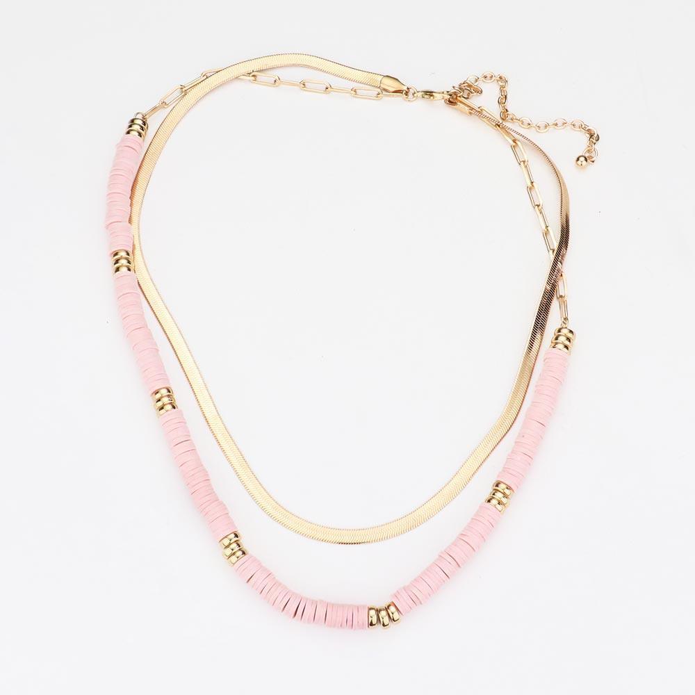 Pink Metal Chain Heishi Beaded Double Layered Necklace - Jewelry Store by Erik Rayo