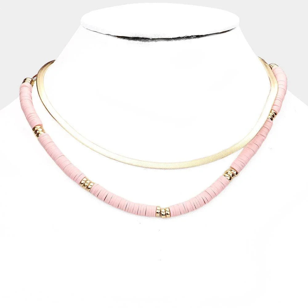 Pink Metal Chain Heishi Beaded Double Layered Necklace - Jewelry Store by Erik Rayo
