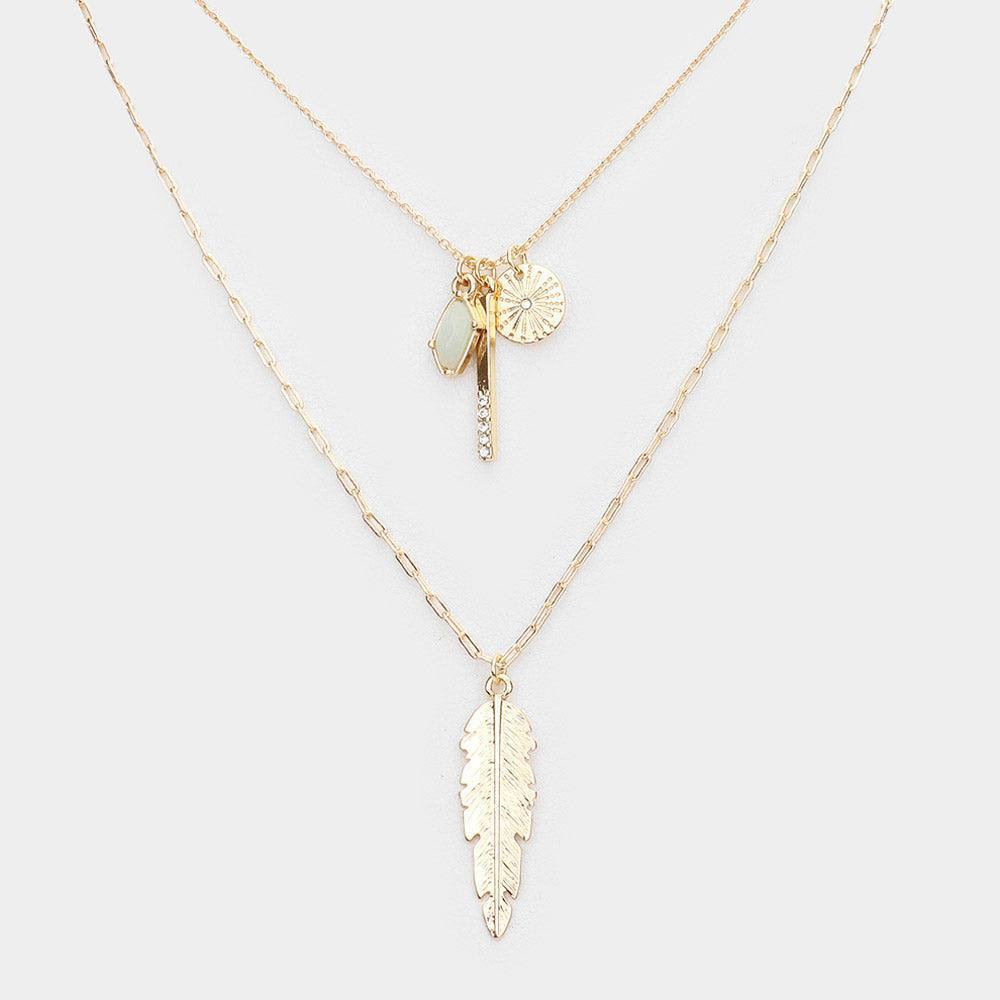 Natural Stone Rhinestone Metal Bar Feather Pendant Double Layered Necklace - Jewelry Store by Erik Rayo
