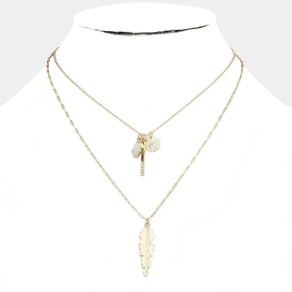 Natural Stone Rhinestone Metal Bar Feather Pendant Double Layered Necklace - Jewelry Store by Erik Rayo