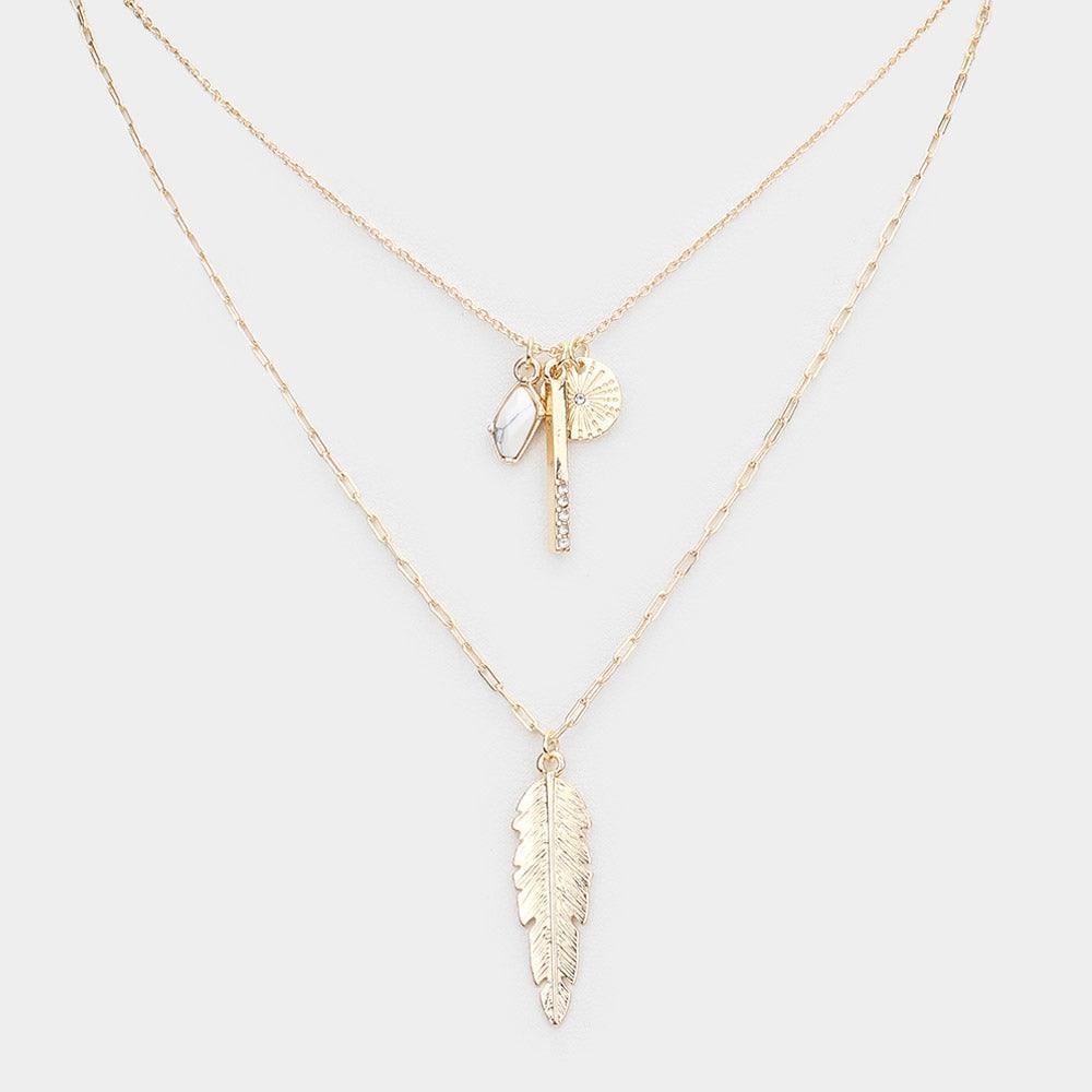 Natural Stone Rhinestone Metal Bar Feather Pendant Double Layered Necklace - Jewelry Store by Erik Rayo