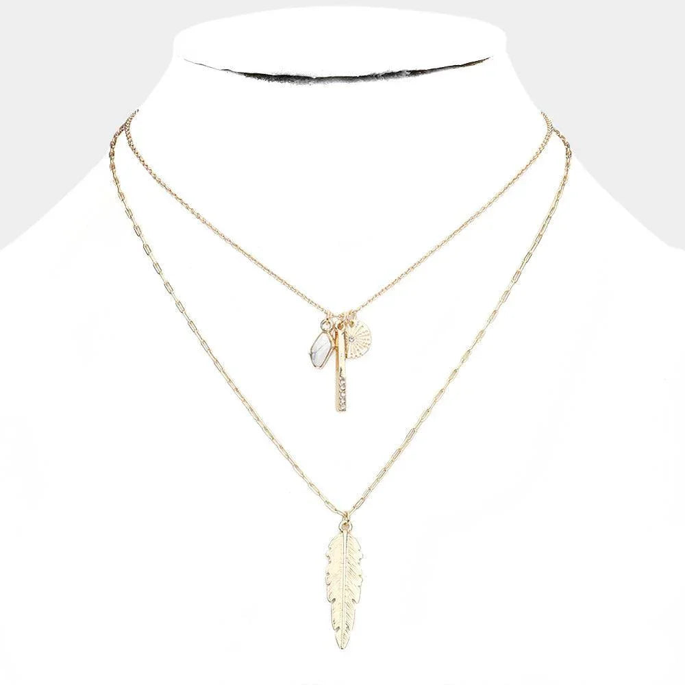 Natural Stone Rhinestone Metal Bar Feather Pendant Double Layered Necklace - Jewelry Store by Erik Rayo