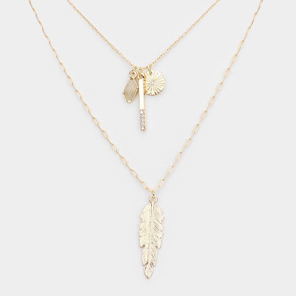 Gray Natural Stone Rhinestone Metal Bar Feather Pendant Double Layered Necklace - Jewelry Store by Erik Rayo