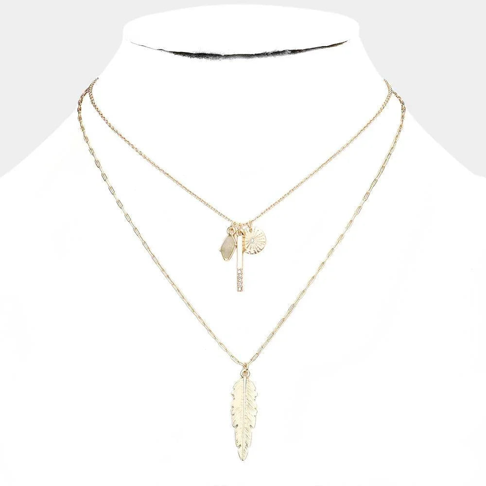 Gray Natural Stone Rhinestone Metal Bar Feather Pendant Double Layered Necklace - Jewelry Store by Erik Rayo