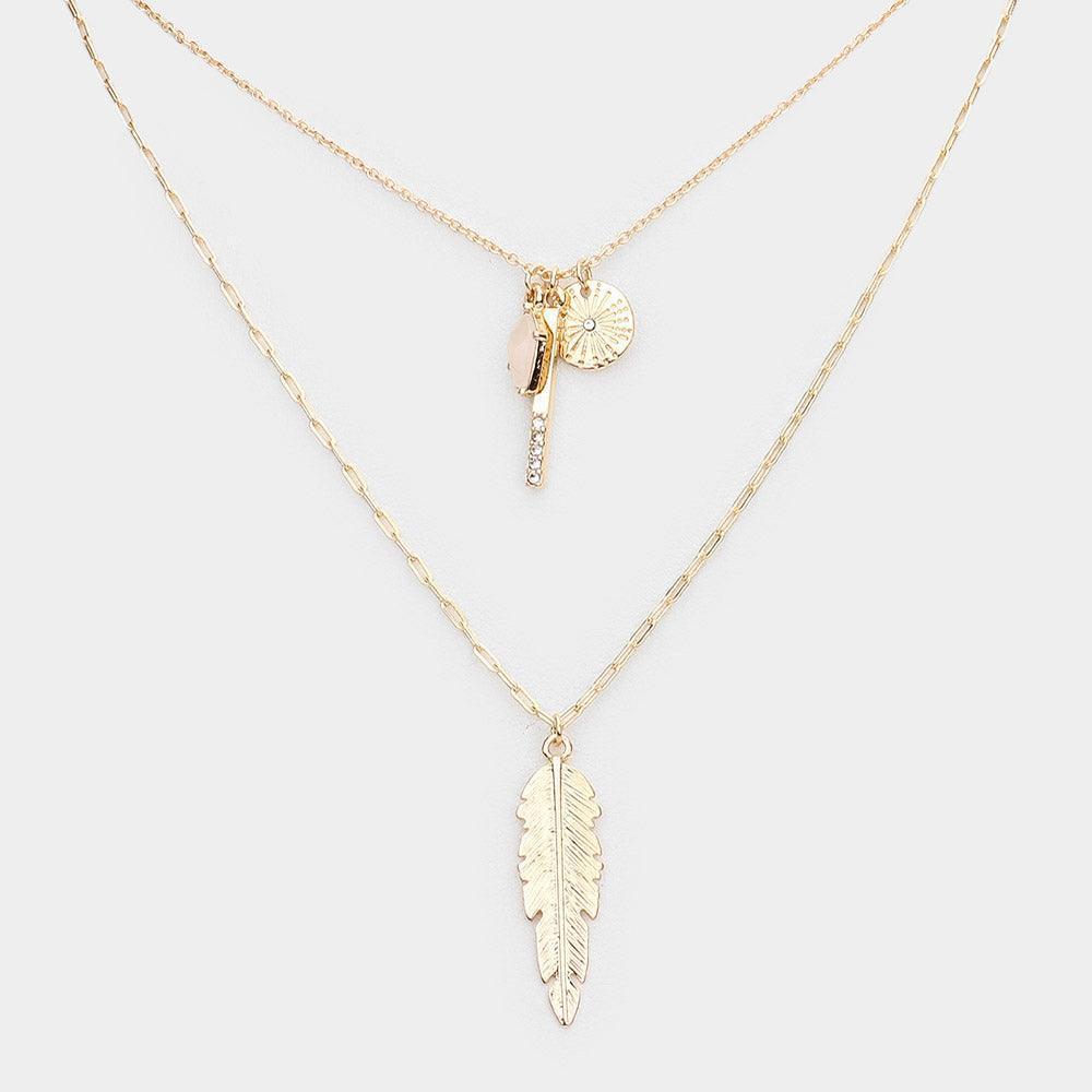 Pink Natural Stone Rhinestone Metal Bar Feather Pendant Double Layered Necklace - Jewelry Store by Erik Rayo