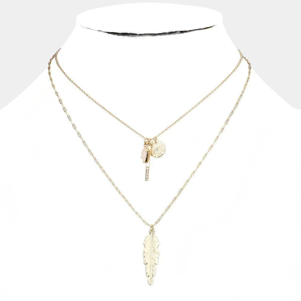 Pink Natural Stone Rhinestone Metal Bar Feather Pendant Double Layered Necklace - Jewelry Store by Erik Rayo