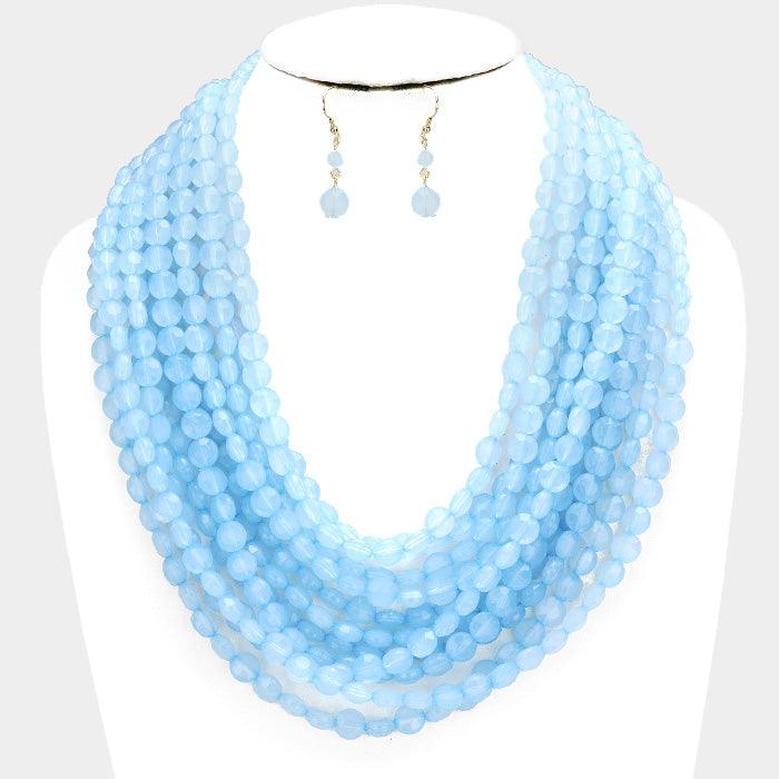 Blue Multi Strand Faceted Round Beaded Necklace