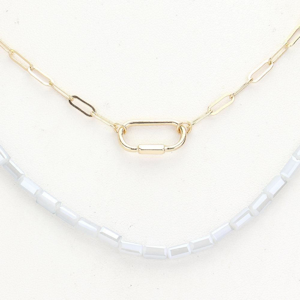 Gray Open Metal Oval Pendant Accented Rectangle Beaded Double Layered Necklace - Jewelry Store by Erik Rayo
