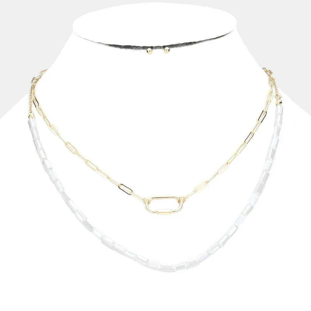 Gray Open Metal Oval Pendant Accented Rectangle Beaded Double Layered Necklace - Jewelry Store by Erik Rayo