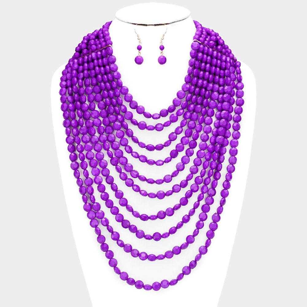 Purple Multi Strand Faceted Beaded Necklace