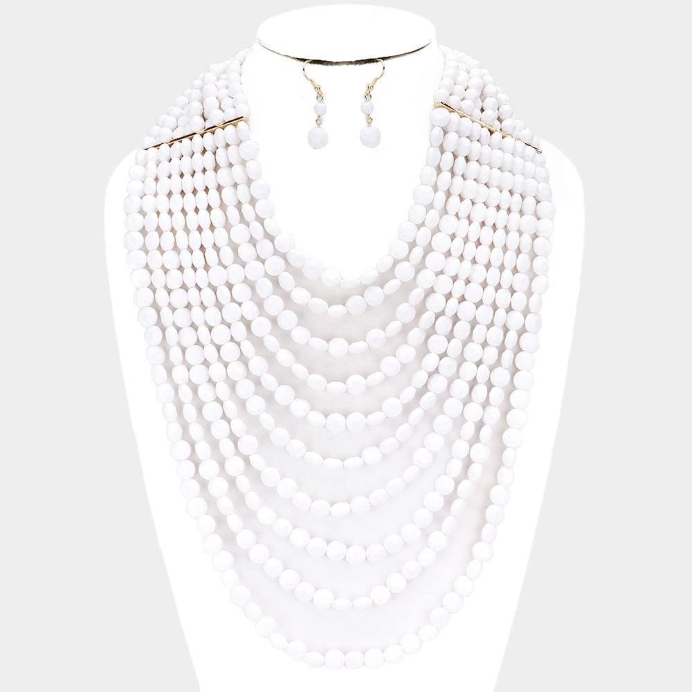 White Multi Strand Faceted Beaded Necklace