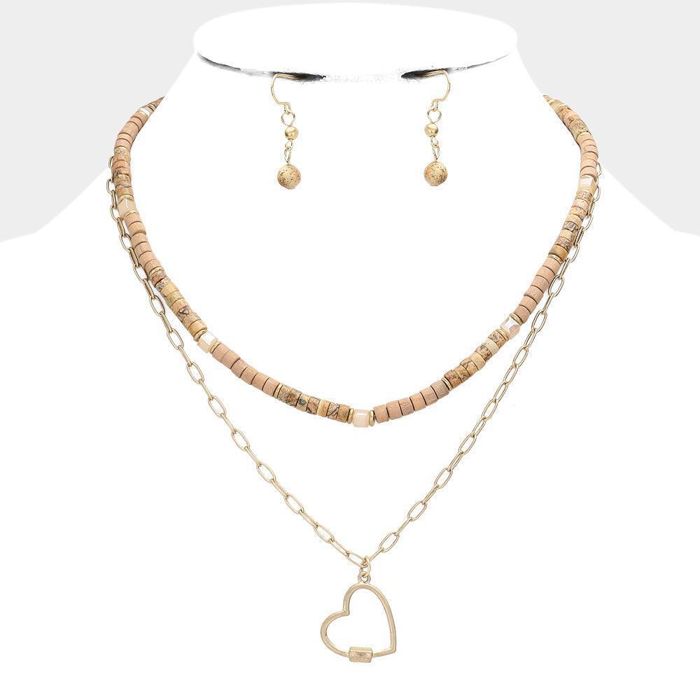 Brown Metal Heart Pendant Wood Natural Stone Double Layered Necklace - Jewelry Store by Erik Rayo