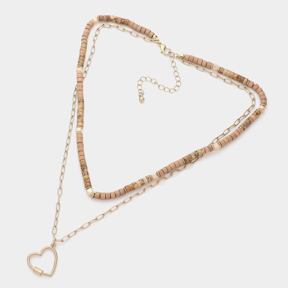 Brown Metal Heart Pendant Wood Natural Stone Double Layered Necklace - Jewelry Store by Erik Rayo