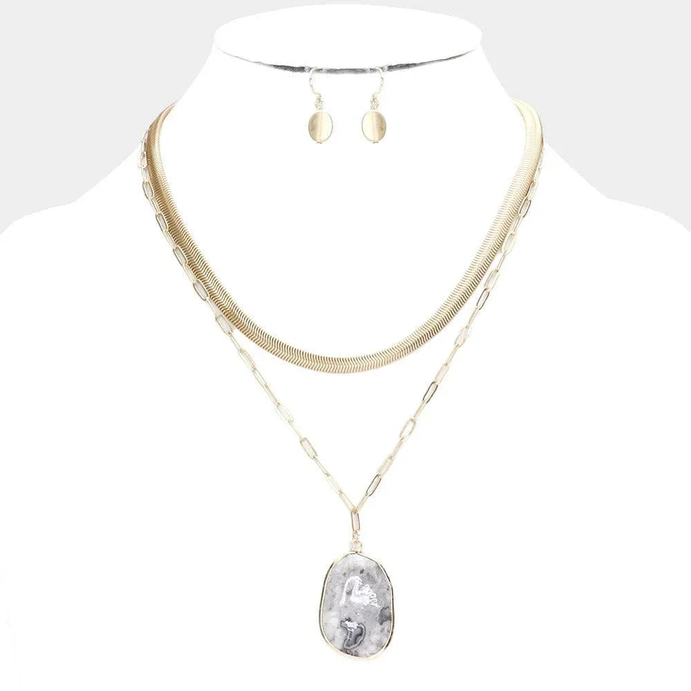 Gray Natural Stone Pendant Double Layered Necklace - Jewelry Store by Erik Rayo