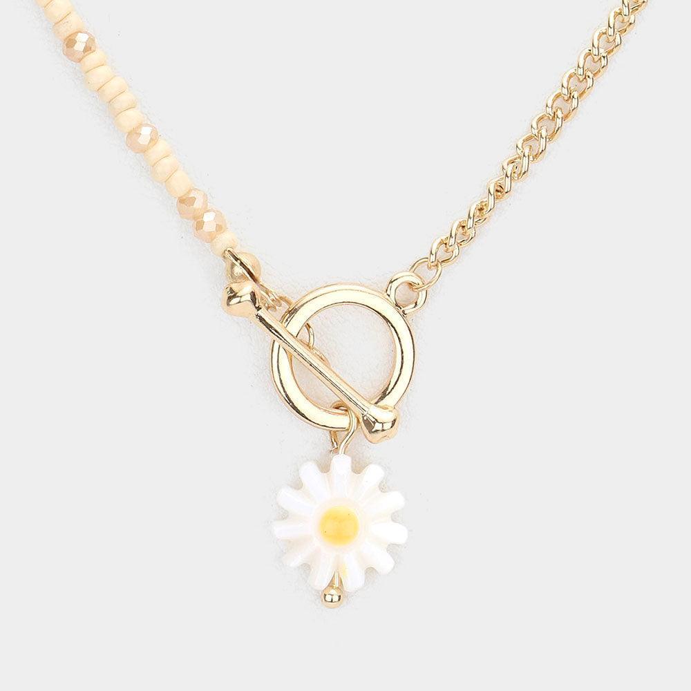 Beige Flower Pendant Seed Beaded Necklace - Jewelry Store by Erik Rayo