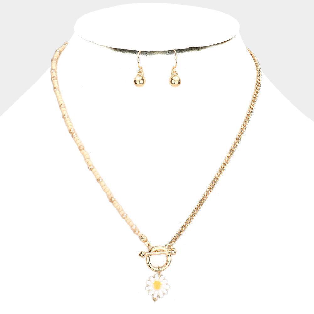Beige Flower Pendant Seed Beaded Necklace - Jewelry Store by Erik Rayo