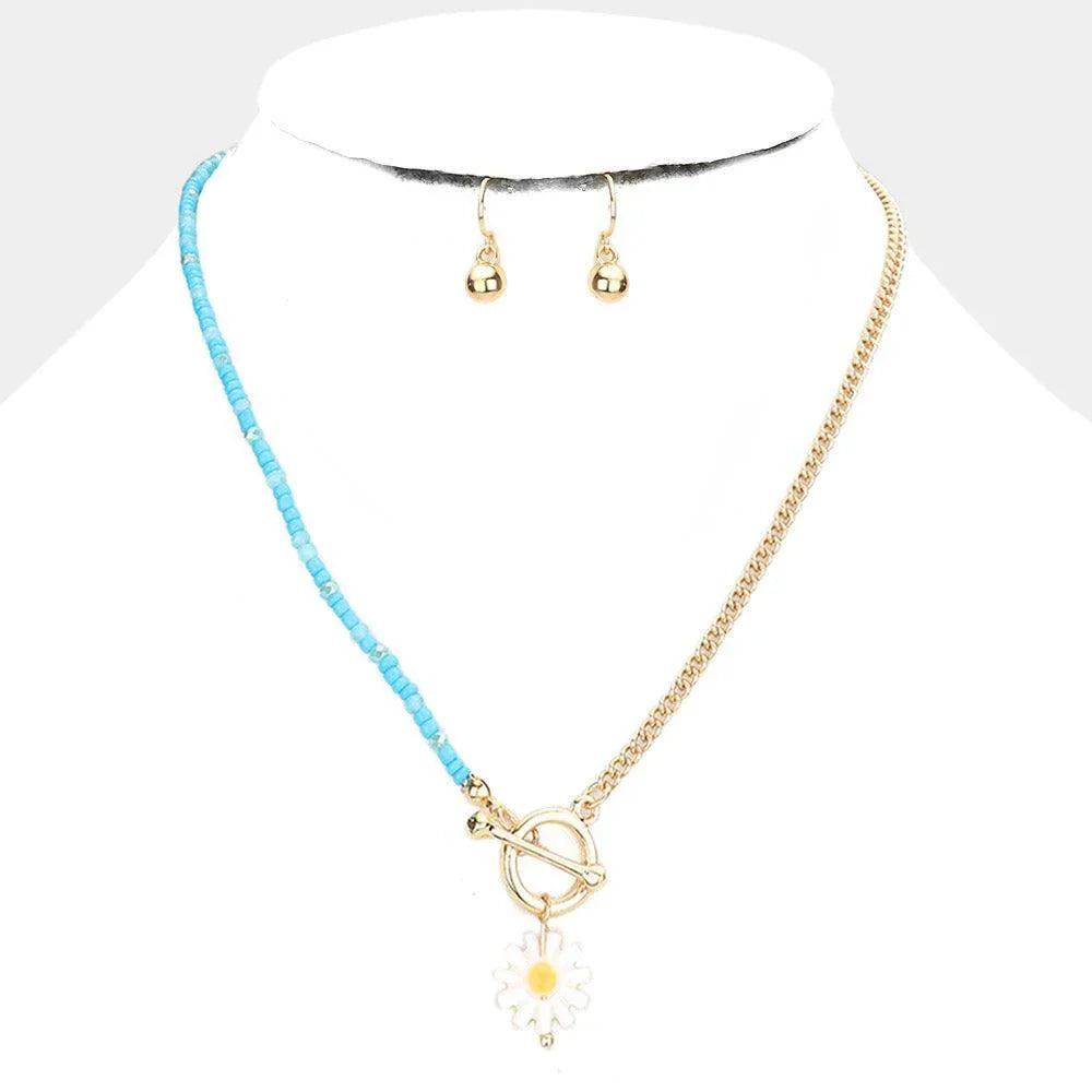 Turquoise Flower Pendant Seed Beaded Necklace - Jewelry Store by Erik Rayo