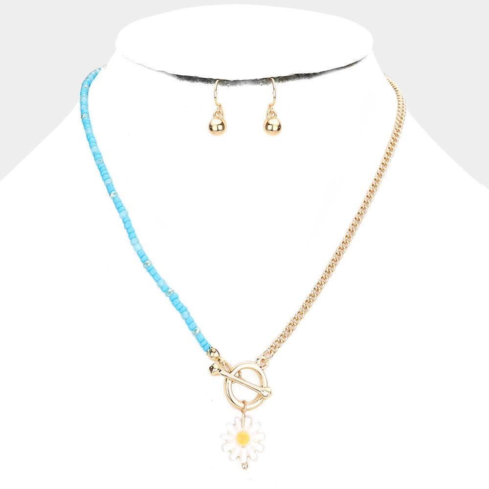 Turquoise Flower Pendant Seed Beaded Necklace